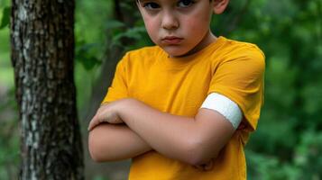 A young boy with a bandage on his arm photo
