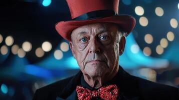 An older man wearing a red top hat photo