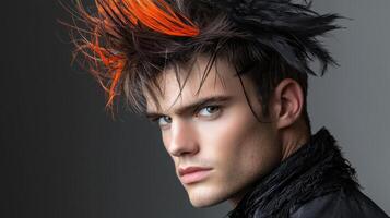 un hombre con un naranja y negro pelo estilo foto