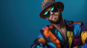 A man in a colorful suit and sunglasses photo