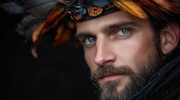 A man with a beard and feathers on his head photo