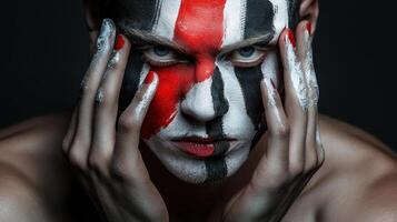 A man with a painted face and red and white stripes photo