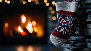 A christmas stocking hanging on a fireplace photo