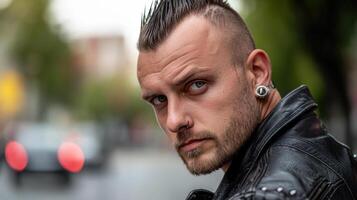 A man with a mohawk and piercings in a leather jacket photo