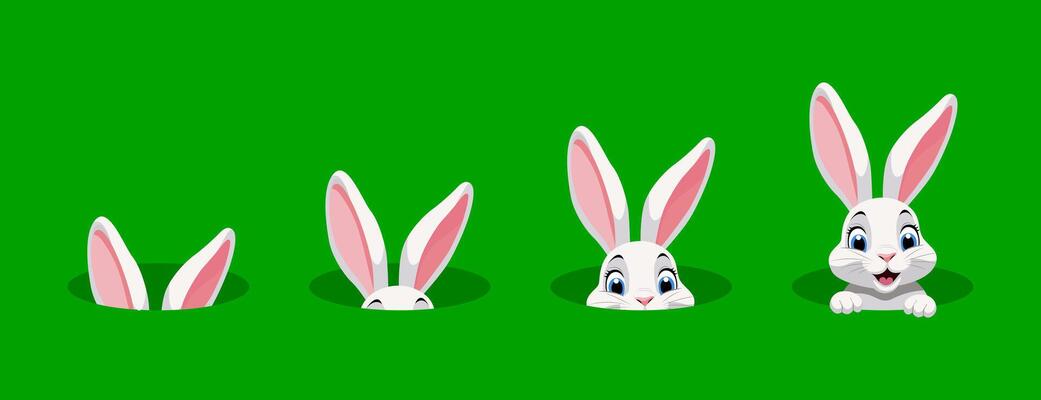 Set of cute white Easter bunnies peeking out of burrows. illustration