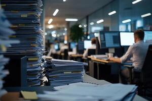 A man is working at a desk in an office photo