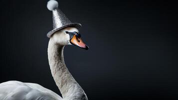 A swan wearing a party hat on a black background photo
