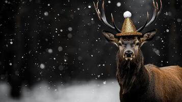 A deer wearing a party hat in the snow photo