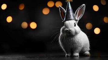 A white rabbit wearing a party hat photo
