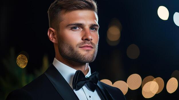 A man in a tuxedo and bow tie photo
