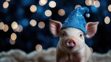 A pig wearing a blue hat with lights behind it photo