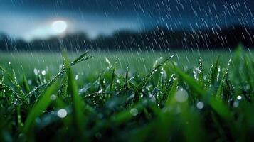 Rain on grass at night photo