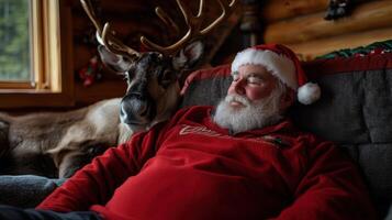 A man wearing a santa hat and a reindeer photo