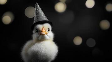 A baby chick wearing a party hat photo