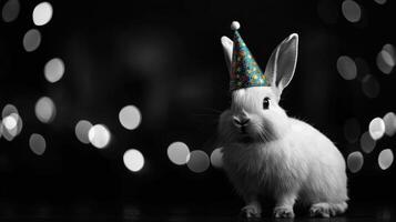 A black and white photo of a rabbit wearing a party hat