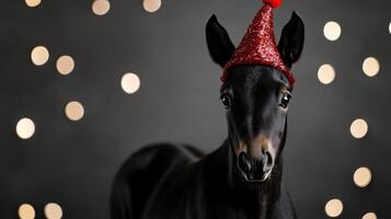 A black horse wearing a red hat photo