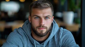 A man with a beard and a hoodie photo