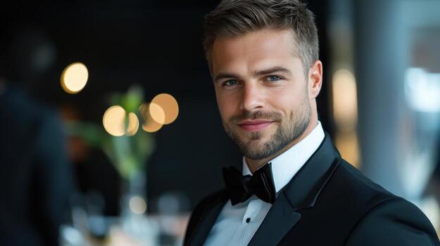 A man in a tuxedo posing for the camera photo