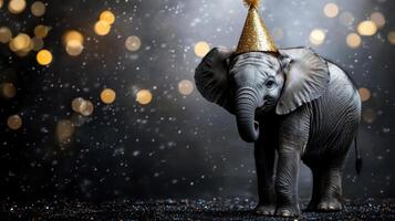 An elephant wearing a party hat on a dark background photo