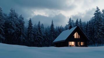 A cabin in the snow with a window open photo