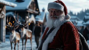 A santa claus stands in front of a reindeer photo