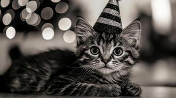 A black and white photo of a cat wearing a party hat