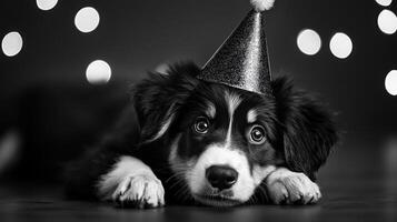 A black and white photo of a dog wearing a party hat