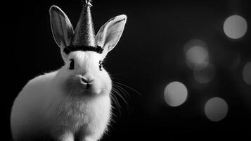 Black and white photo of a rabbit wearing a party hat