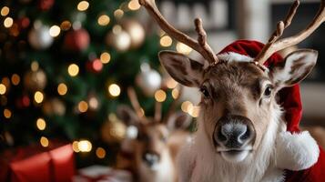 A reindeer wearing a santa hat and standing in front of a christmas tree photo