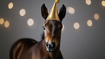 A horse wearing a party hat photo