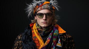 A man wearing a colorful scarf and glasses photo