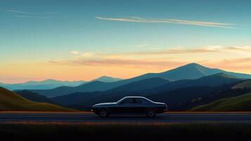 A car driving on a road in front of mountains photo