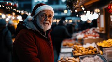 An old man wearing a santa hat stands in front of a market photo