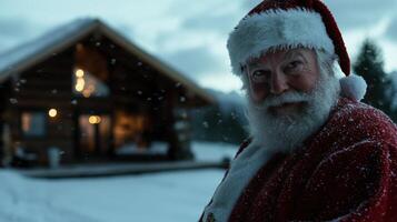 A santa claus stands in front of a cabin photo