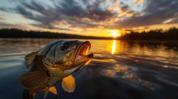 A large mouth bass is caught in the water at sunset photo