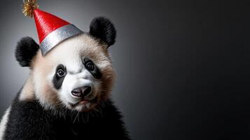 A panda bear wearing a christmas hat photo