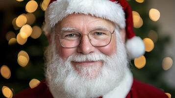 A close up of a santa claus with glasses and a red tie photo