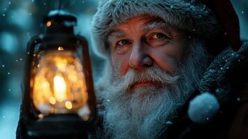 Santa claus with lantern in snow photo