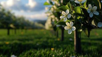 A field of white flowers in a green field photo