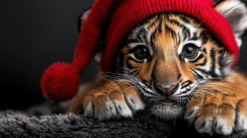 A tiger cub wearing a red hat photo