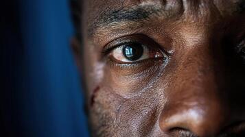 A close up of a man's face with a blue background photo