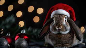 A rabbit wearing a santa hat sits on a black background photo