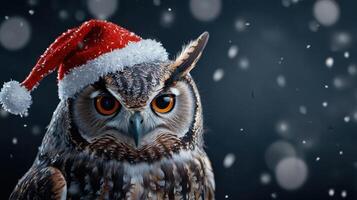 Owl wearing santa hat on dark background photo