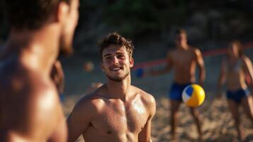 A man with a smile on his face is holding a yellow beach ball photo
