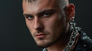 A man with a shaved head and chains on his neck photo