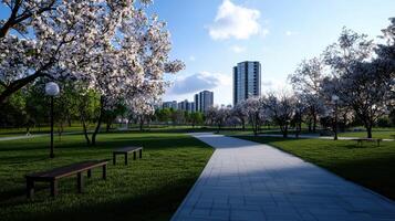 A park with a path and benches, and a lot of trees with pink flowers photo