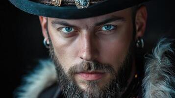 A man with blue eyes and a beard wearing a hat photo