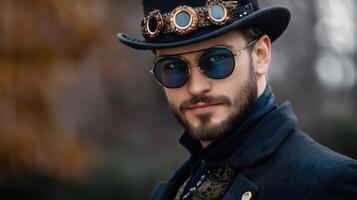 A man in a top hat and sunglasses photo