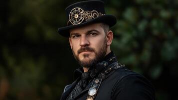 A man with a beard and hat wearing a black shirt and black vest photo