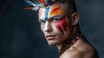 A man with a colorful face paint and feathers photo